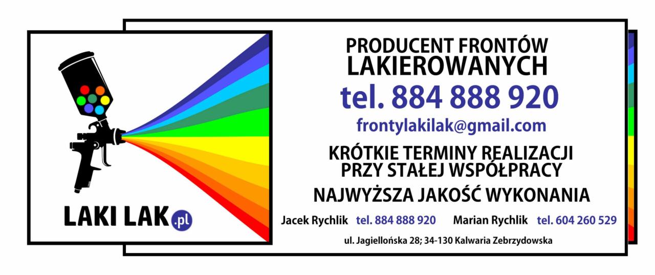 Grafika reklamowa producenta frontów lakierowanych z ilustracją pistoletu natryskowego malującego tęczą, adres email, numery telefonów i hasła reklamowe.