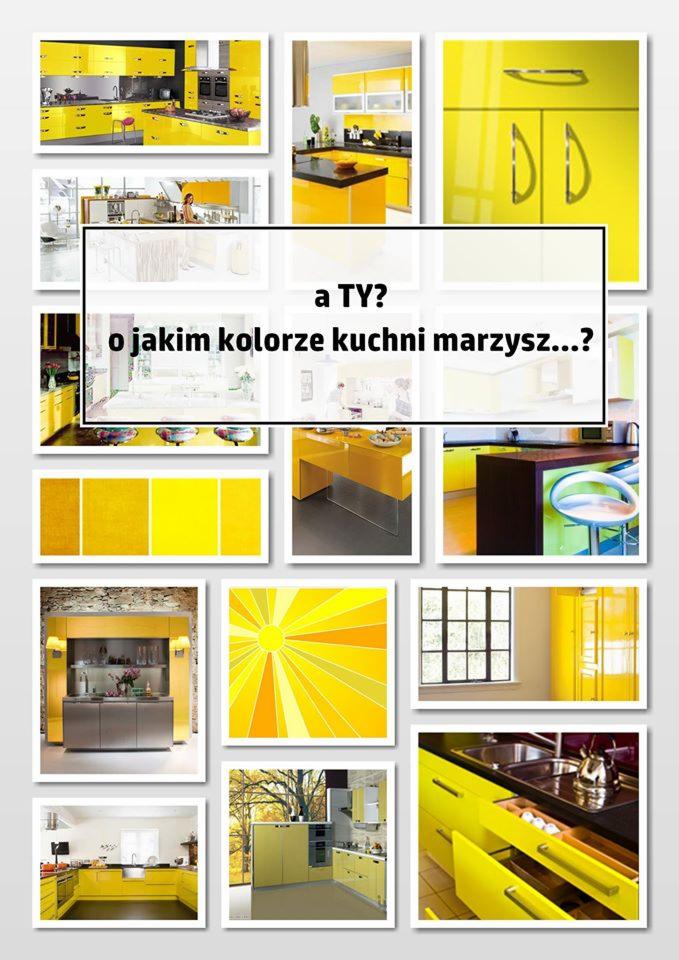 Kompozycja zdjęć prezentująca różne aranżacje kuchni w odcieniach żółci, z pytaniem 'a TY? o jakim kolorze kuchni marzysz...?' na centralnym planie.