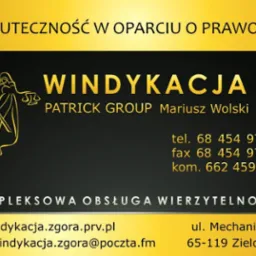 Wizytówka firmy z branży odzyskiwania należności, z grafiką Temidy w kolorze złotym na czarnym tle, z danymi kontaktowymi i hasłem 'Skuteczność w oparciu o prawo'.