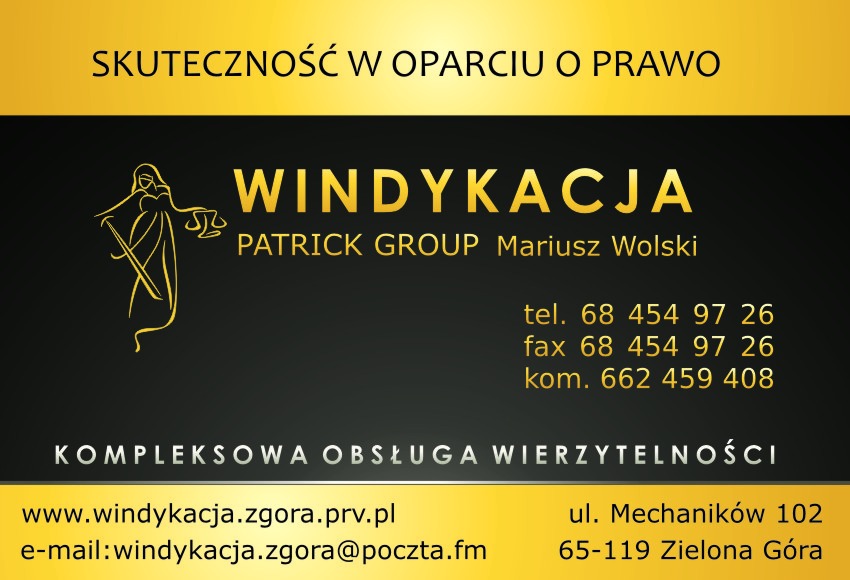 Wizytówka firmy z branży odzyskiwania należności, z grafiką Temidy w kolorze złotym na czarnym tle, z danymi kontaktowymi i hasłem 'Skuteczność w oparciu o prawo'.