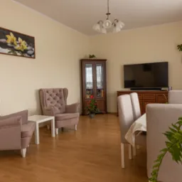 Jasne wnętrze salonu z dwoma fotelami w stylu retro, drewnianą podłogą, kredensem z przeszklonymi drzwiami, telewizorem na komodzie i roślinami doniczkowymi.