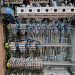 Wnętrze szafy sterowniczej z modułami pomiarowymi energii Scottronic EAM-N, widoczne liczne przewody, listwy zaciskowe i moduły DIN, z etykietami identyfikacyjnymi przewodów na dolnej szynie.