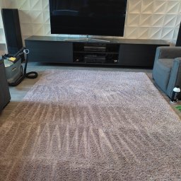 Clinox - Profesjonalne pranie kanap i tapicerki meblowej Warszawa - Świeżo wyprany, beżowy dywan z widocznymi śladami czyszczenia, obok szary fotel i odkurzacz piorący Karcher, na tle ściany z geometrycznym wzorem 3D.