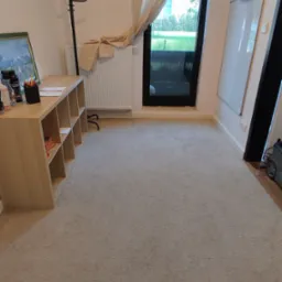 Wyprany, jasny dywan z krótkim włosiem w pokoju z beżowymi ścianami, widok na zewnątrz przez duże okno balkonowe z jasnymi zasłonami.