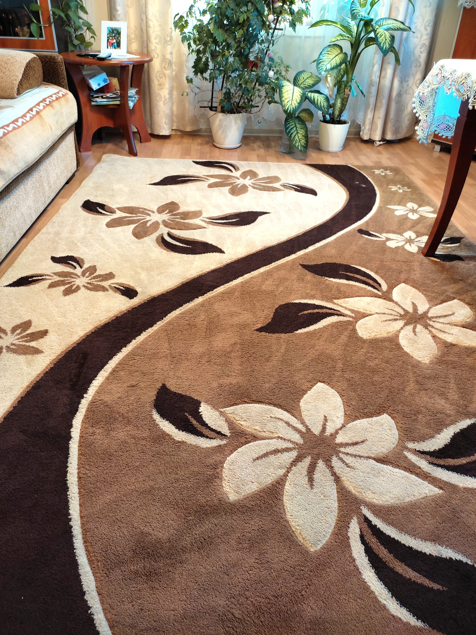 Beżowo-brązowy dywan z kwiatowym wzorem w salonie z roślinami doniczkowymi i drewnianymi meblami.