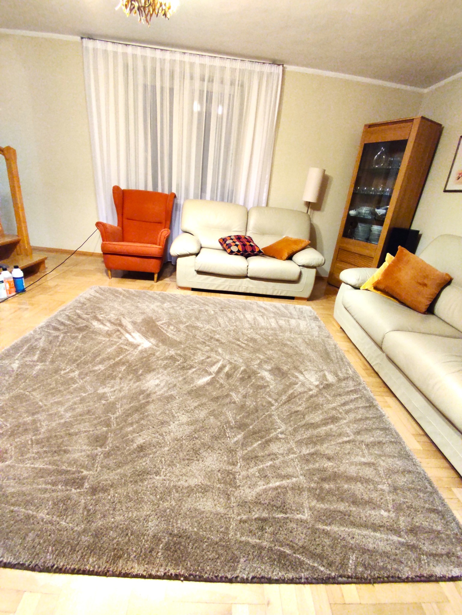 Beżowy, puszysty dywan w salonie z jasnymi meblami i drewnianą podłogą, widok z perspektywy podłogi.