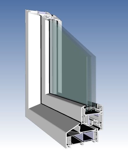 Przekrój okna PCV z trzema szybami, ukazujący wewnętrzną konstrukcję profilu i uszczelki, na jednolitym błękitnym tle.