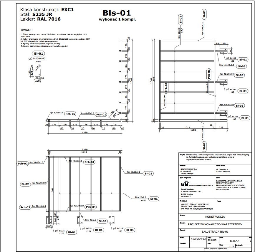 Rzut techniczny balustrady stalowej Bls-01 z wymiarami i oznaczeniami elementów konstrukcyjnych, wykonany w lipcu 2025 roku przez G. Wenderskiego.