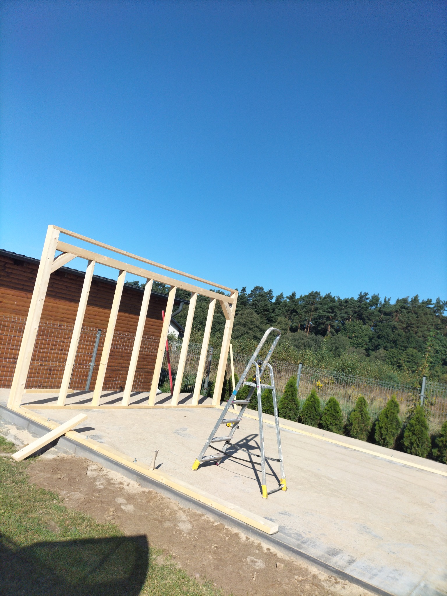 Drewniany szkielet konstrukcji w trakcie budowy, widoczna drabina i otoczenie z zielenią i błękitnym niebem.