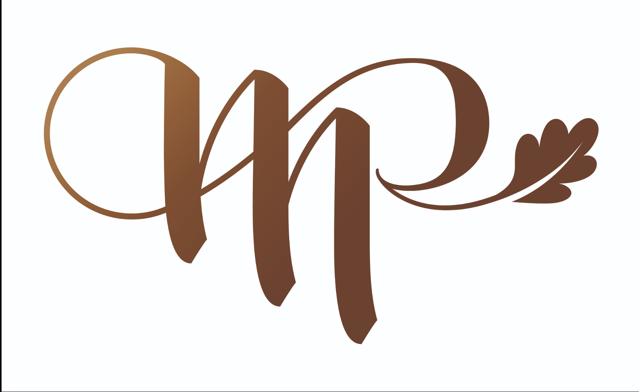 Brązowe logo firmy z motywem liścia dębu, stylizowane litery M i P na białym tle.