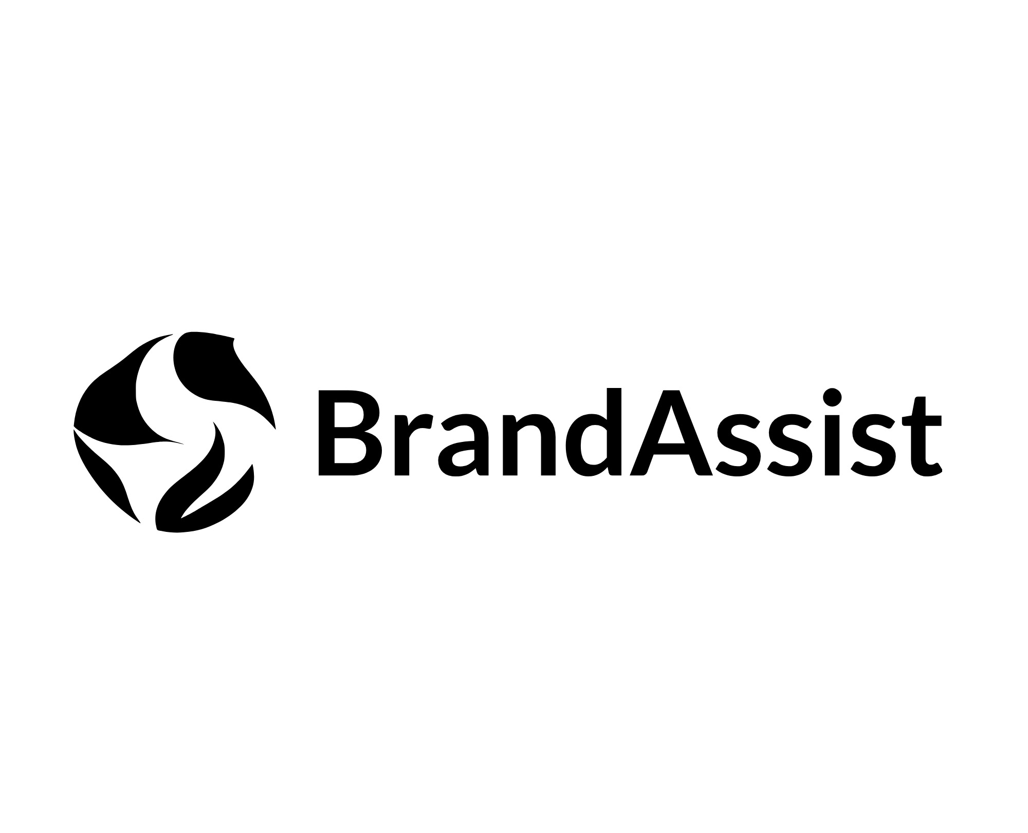 Logo firmy BrandAssist z abstrakcyjnym symbolem po lewej stronie, przypominającym trzy liście lub płatki ułożone w okręgu, czarne na białym tle.