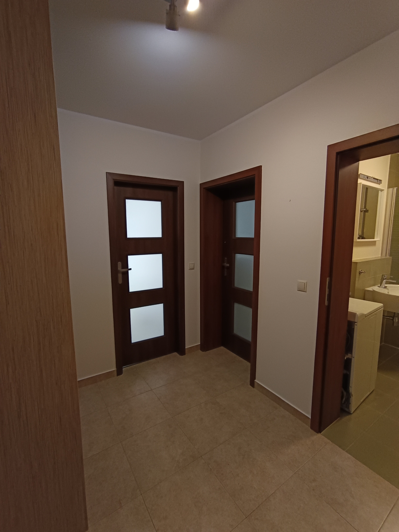 Korytarz z trzema parami drzwi wewnętrznych z brązowymi futrynami i białymi wypełnieniami, widoczna także fragment łazienki z pralką.