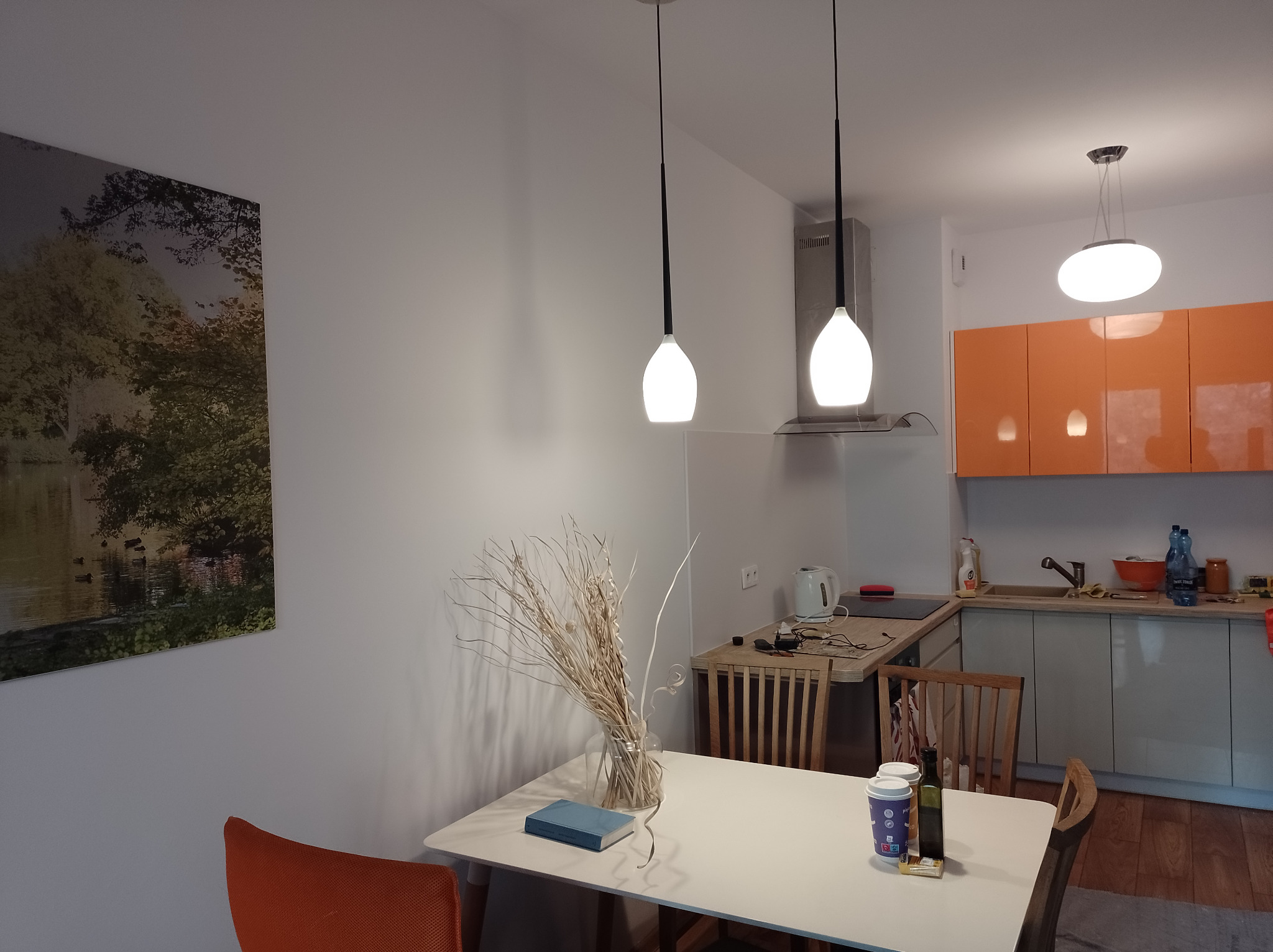 Jasne wnętrze mieszkania z pomarańczowymi akcentami, widok na stół z dekoracją z suszonych traw, obraz na ścianie i oświetlenie sufitowe.