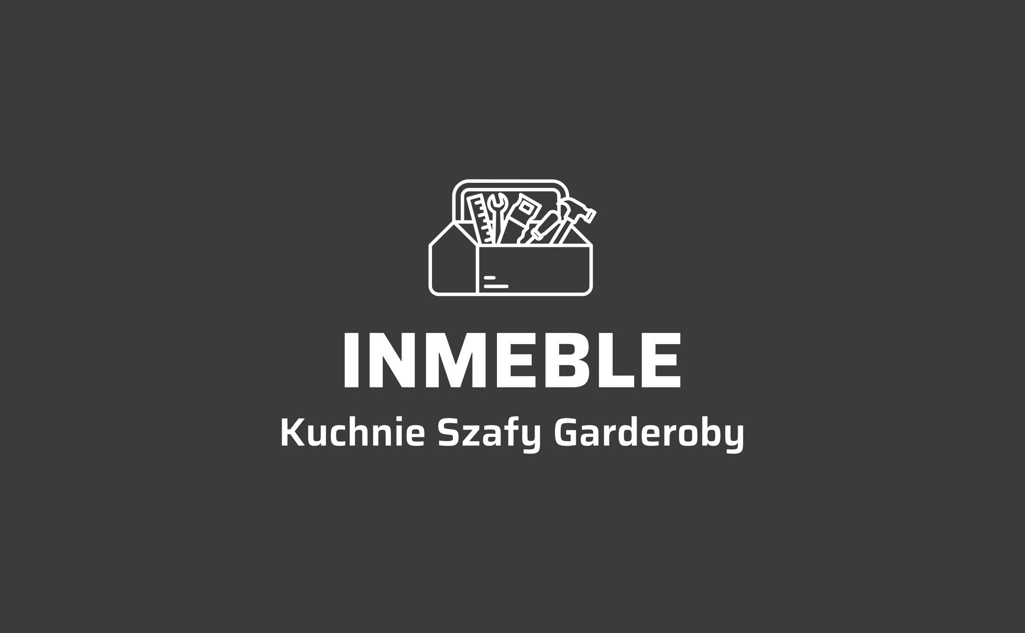 Logo firmy INMEBLE oferującej kuchnie, szafy i garderoby na szarym tle, z ikoną skrzynki narzędziowej zawierającej schematyczne narzędzia.