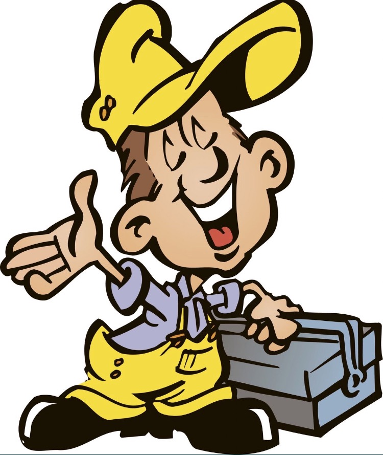 Uśmiechnięty rysunkowy majsterkowicz w żółtym kapeluszu i kombinezonie, siedzący obok szarej skrzynki z narzędziami i gestykulujący ręką.