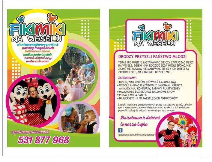 Ulotka reklamowa firmy Fikimiki Na Weselu oferującej animacje dla dzieci na weselach, z ilustracjami przedstawiającymi animatorów w strojach bajkowych postaci, malowanie buziek i pokazy baniek...