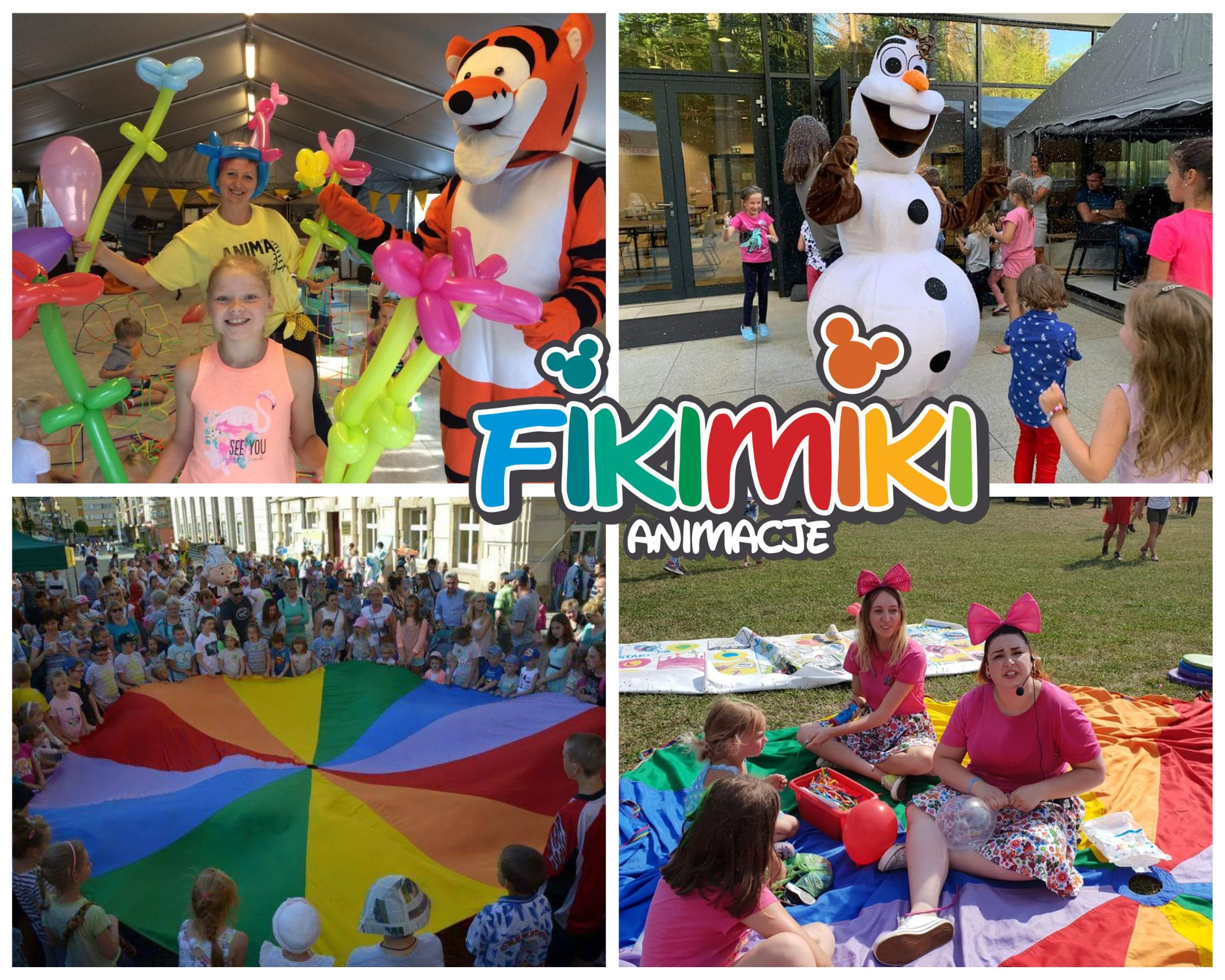 Kolaż zdjęć z animacji dla dzieci: klaun w stroju tygrysa i Olaf, dziewczynka z balonami, dzieci bawiące się kolorową chustą animacyjną, animatorki siedzące na kocu z akcesoriami.