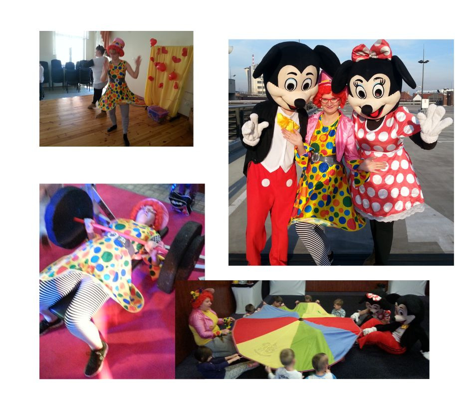 Kolaż zdjęć z imprez dla dzieci: dziewczynka w kolorowej sukience tańczy, postacie z bajek w kostiumach Myszki Miki i Minnie, osoba przebrana za klauna podnosi sztangę, grupa dzieci bawi się...