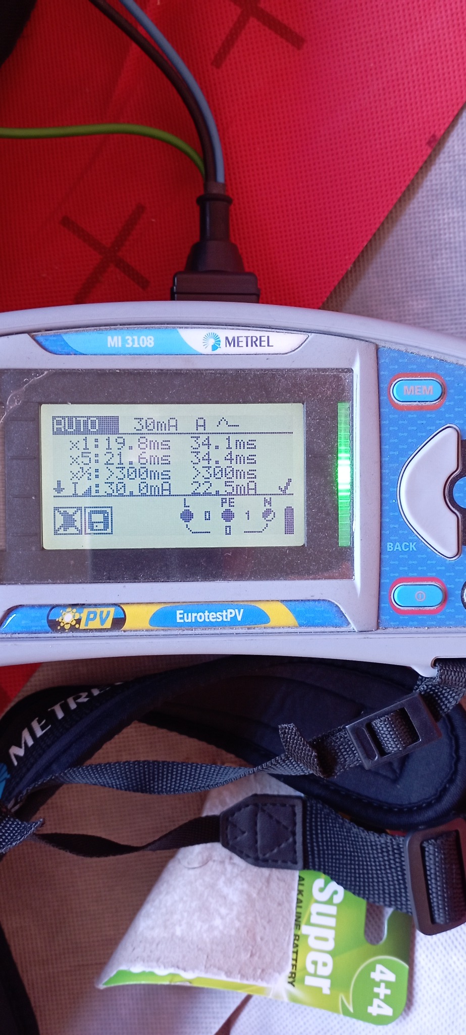 Miernik elektryczny Metrel MI 3108 z przewodami, wyświetlający wyniki pomiarów w Głogówku; w tle czerwona powierzchnia, a w dolnej części kadru widoczny fragment paska torby.