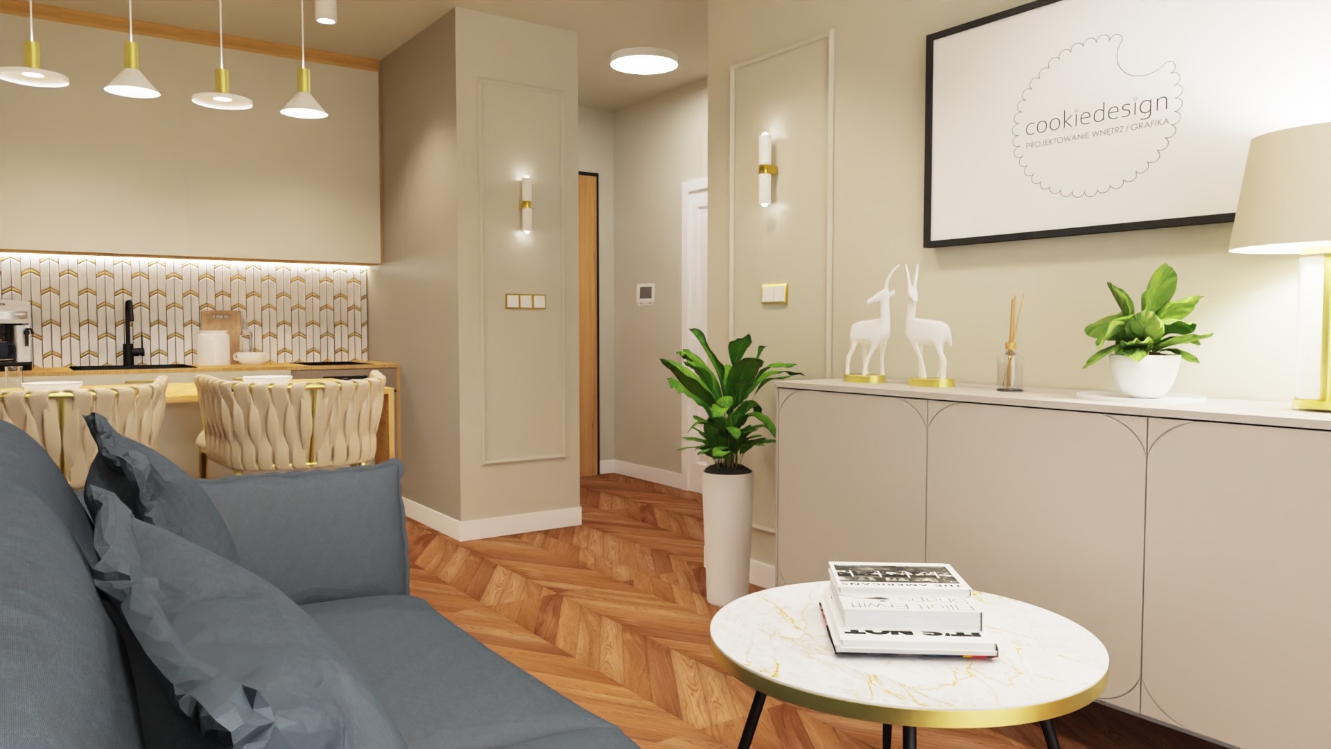 Nowoczesne wnętrze mieszkania z parkietem w jodełkę, szarą sofą, okrągłym stolikiem kawowym, zabudową kuchenną z mozaiką i dekoracjami na komodzie.