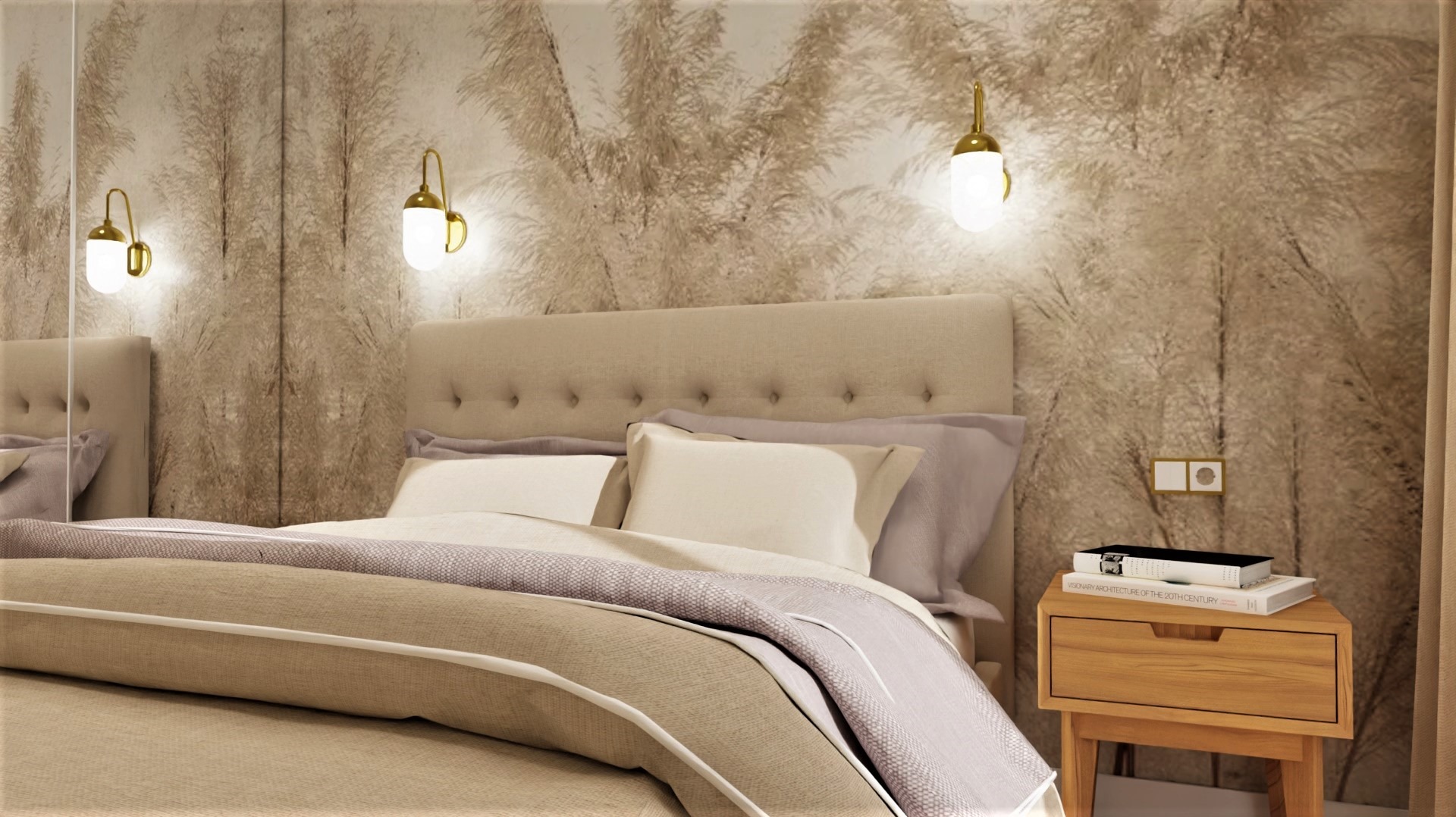 Beżowa sypialnia z tapetą w motywie trawy pampasowej, oświetlona złotymi kinkietami, z drewnianym stolikiem nocnym i książkami.