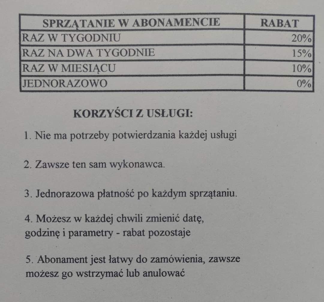 Tabela z ofertą abonamentową na usługi porządkowe: rabaty przy sprzątaniu raz w tygodniu, co dwa tygodnie, raz w miesiącu i jednorazowo, oraz korzyści z abonamentu.