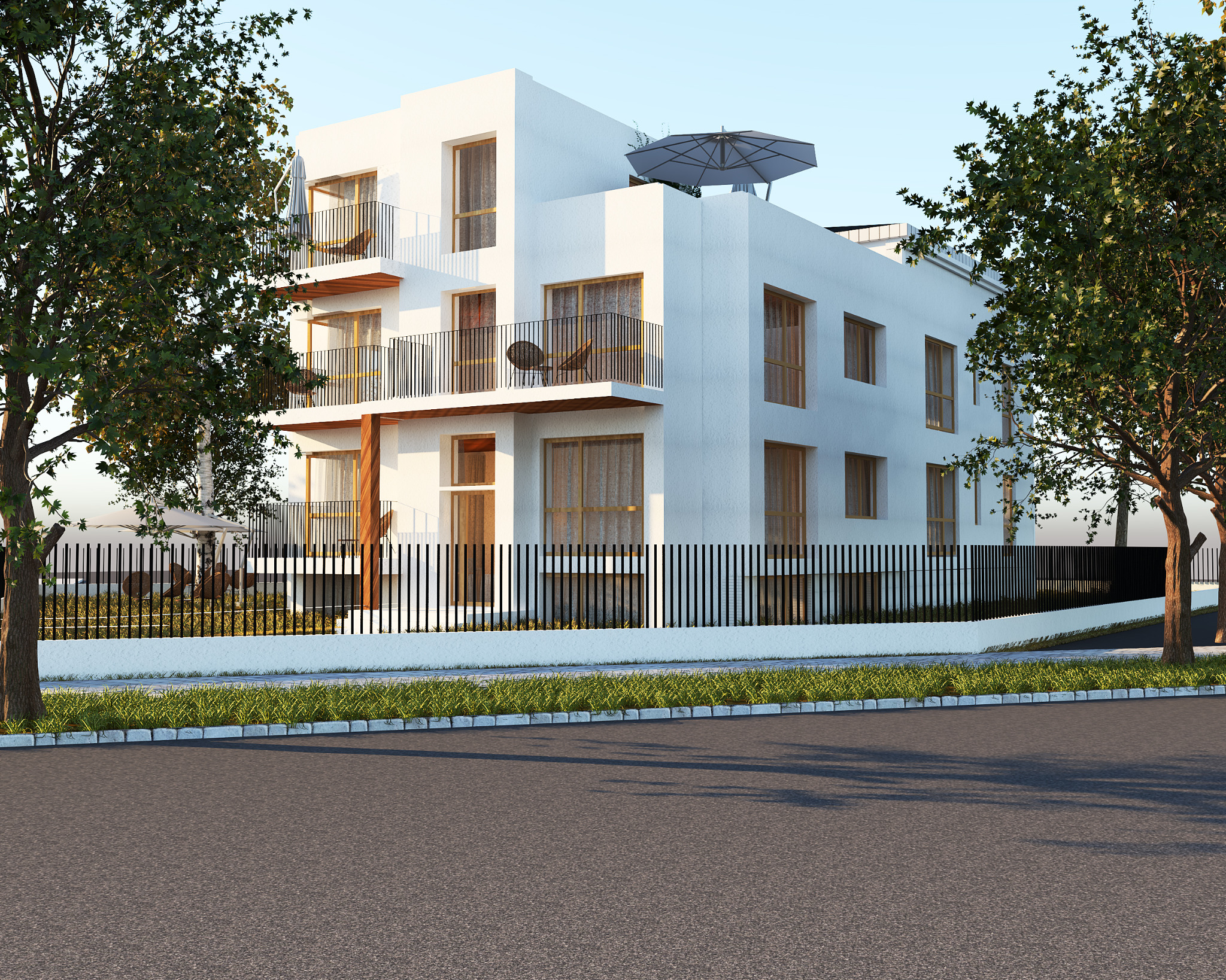 Wizualizacja nowoczesnego, trzypiętrowego budynku mieszkalnego z balkonami i tarasem na dachu, otoczonego zielenią i ogrodzeniem z metalowych sztachet.