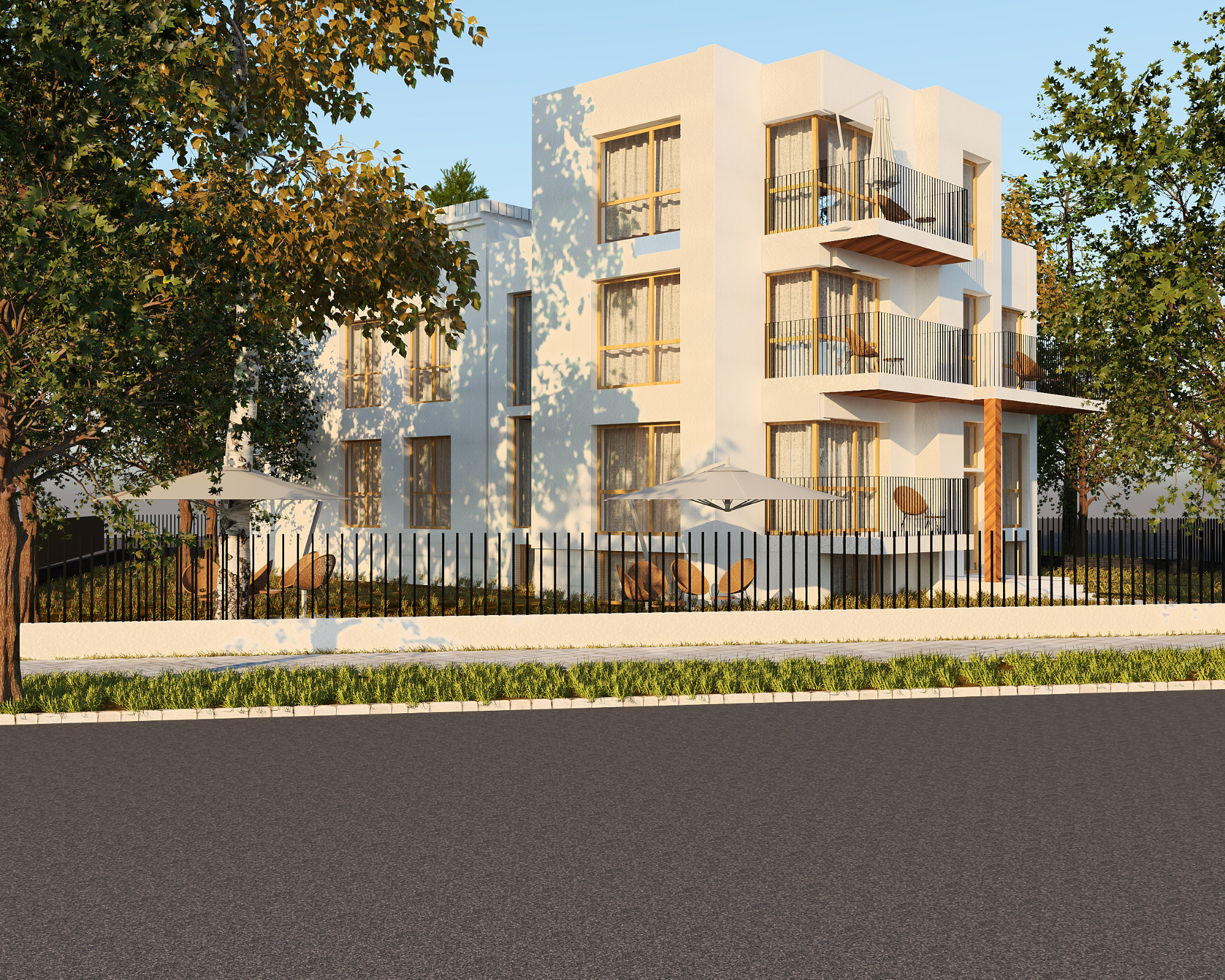 Wizualizacja nowoczesnego, trzypiętrowego budynku mieszkalnego z balkonami, otoczonego zielenią i ogrodzeniem.