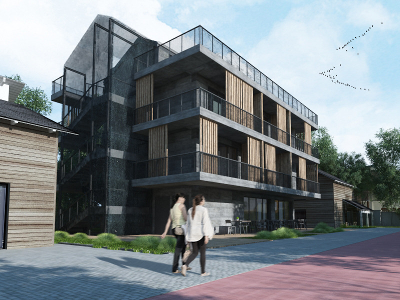 Wizualizacja nowoczesnego, wielopiętrowego budynku z elementami drewna i betonu, z zewnętrznymi schodami po lewej stronie, widzianego z perspektywy przechodniów na chodniku.