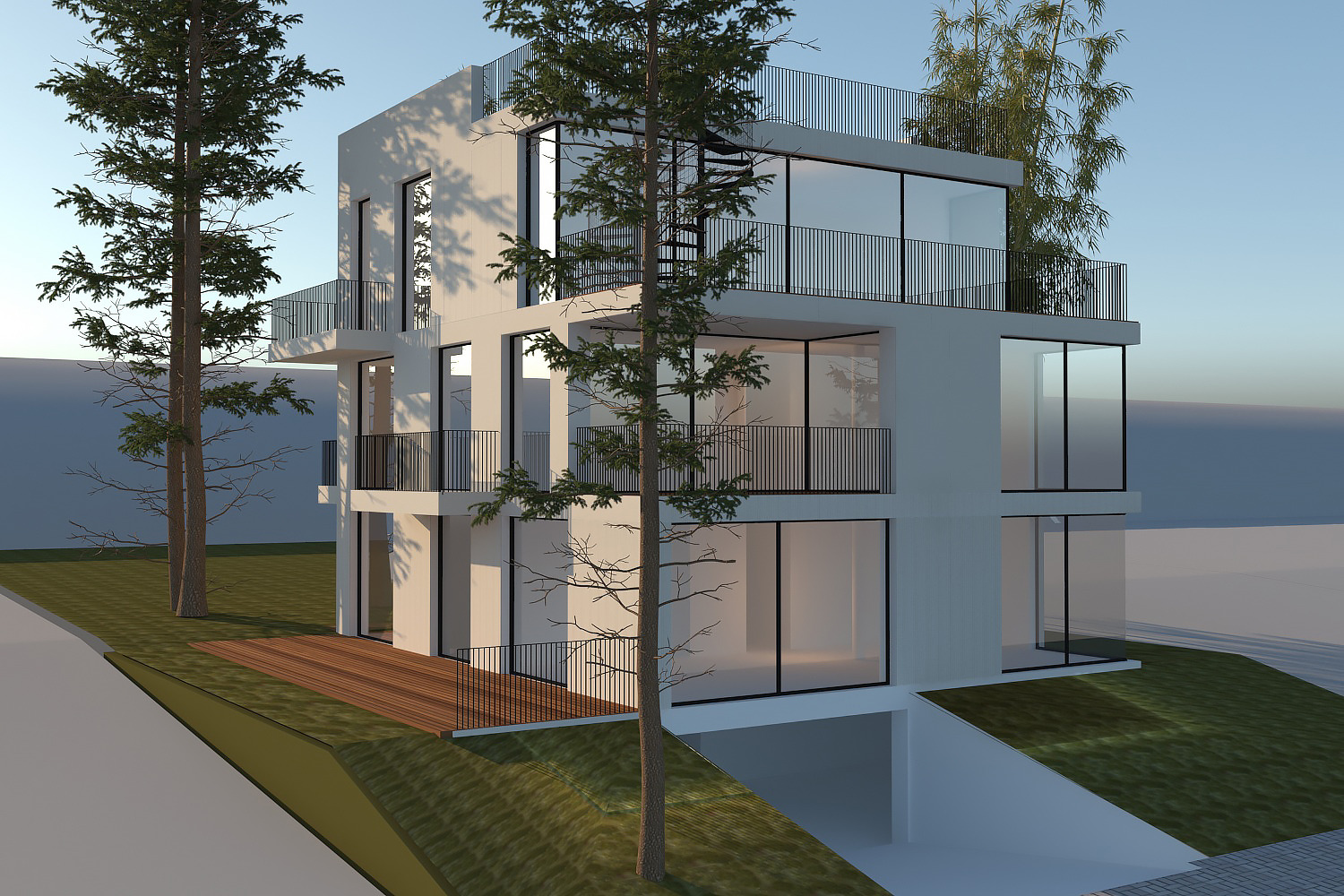 Wizualizacja nowoczesnego, trzypiętrowego domu z płaskim dachem, dużymi oknami i balkonami z czarnymi balustradami, otoczonego zielenią i wysokimi drzewami iglastymi.