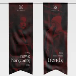 Dwa pionowe banery reklamowe marki Majestic z wizerunkami modelek i hasłami 'Odkryj nowe horyzonty stylu' oraz 'Kreuj swoje własne trendy', zawieszone na białym tle.