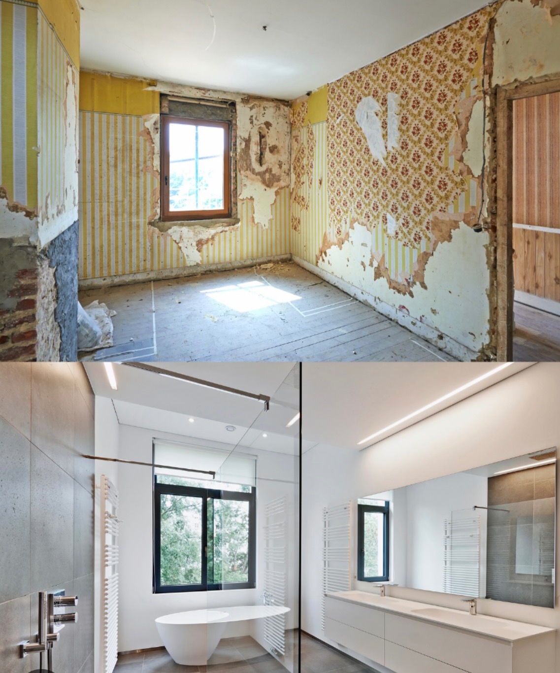 Porównanie stanu łazienki przed i po: zniszczone ściany z resztkami tapet w pokoju z drewnianym oknem i surową podłogą kontra nowoczesna łazienka z minimalistyczną wanną, szarą płytką i dużym lustrem.