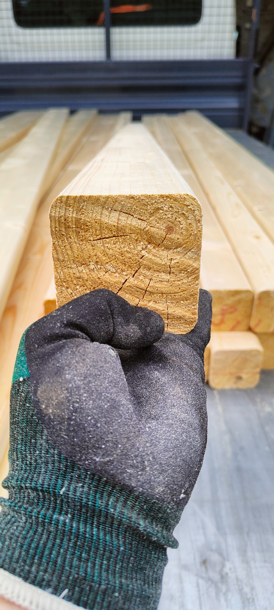 Przekrój kantówki w dłoni w roboczej rękawicy na tle stosu drewna. Widoczne słoje i pęknięcia drewna. Jasne drewno. Przygotowanie materiału budowlanego.