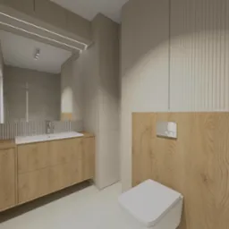 Wizualizacja łazienki w stonowanych beżach z drewnianymi akcentami: szafka pod umywalką z dwiema szufladami, toaleta wisząca z drewnianą obudową spłuczki, lustro z oświetleniem LED.