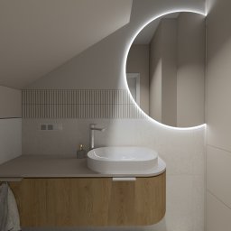 Fiolet Studio Klaudia Lis- Kowalska - Nowoczesna łazienka na poddaszu z owalną umywalką nablatową, podświetlanym lustrem i drewnianą szafką pod umywalką. Widoczne płytki w odcieniach beżu i szarości oraz grzejnik dekoracyjny.