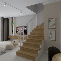 Fiolet Studio Klaudia Lis- Kowalska - Wizualizacja salonu z drewnianymi schodami, szarą sofą, telewizorem i minimalistycznym oświetleniem szynowym.