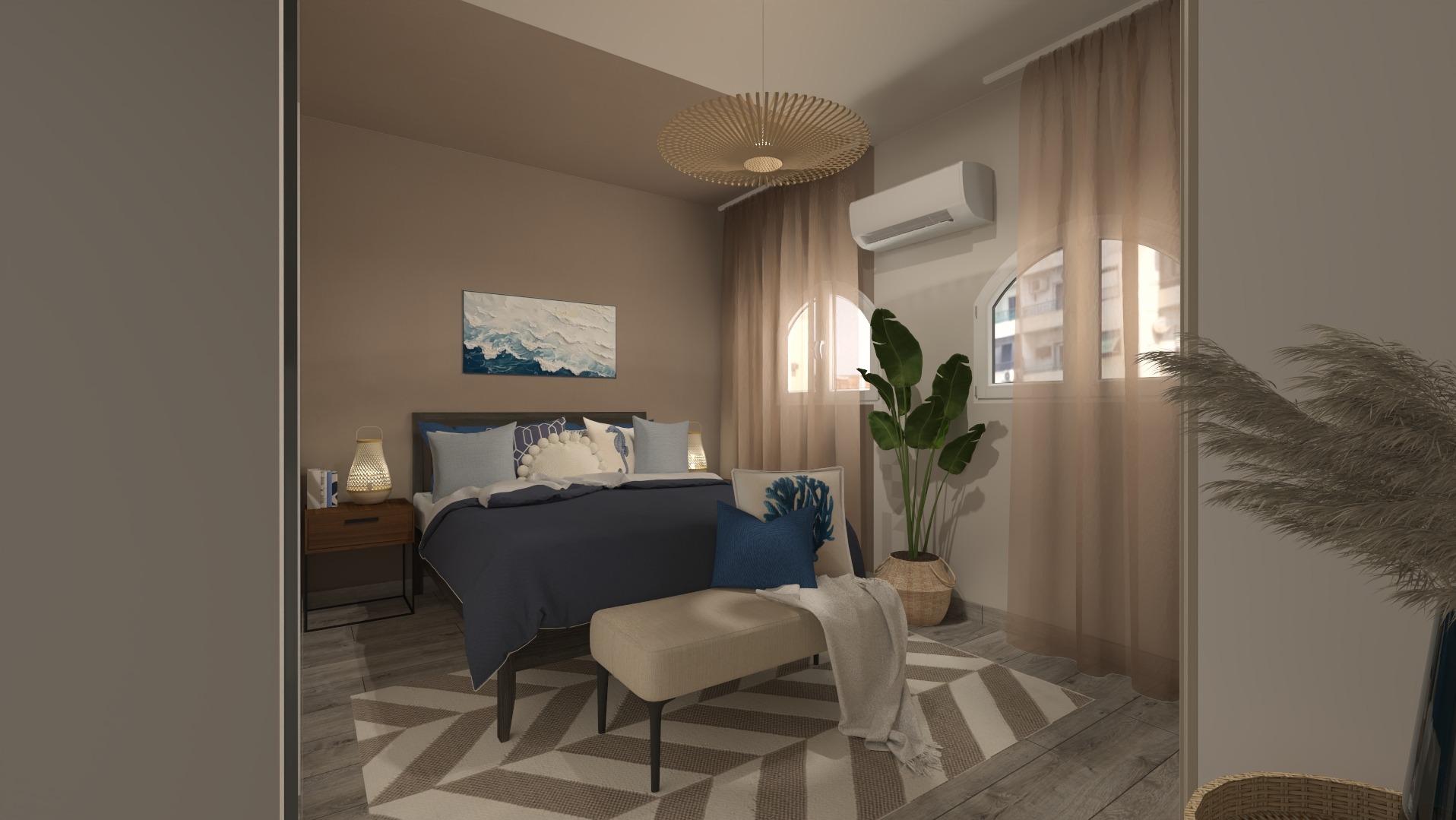 Sypialnia w ciepłych brązach z łóżkiem z granatową narzutą, beżową ławką, okrągłą lampą i klimatyzatorem, uzupełniona roślinami i obrazem z motywem fal.