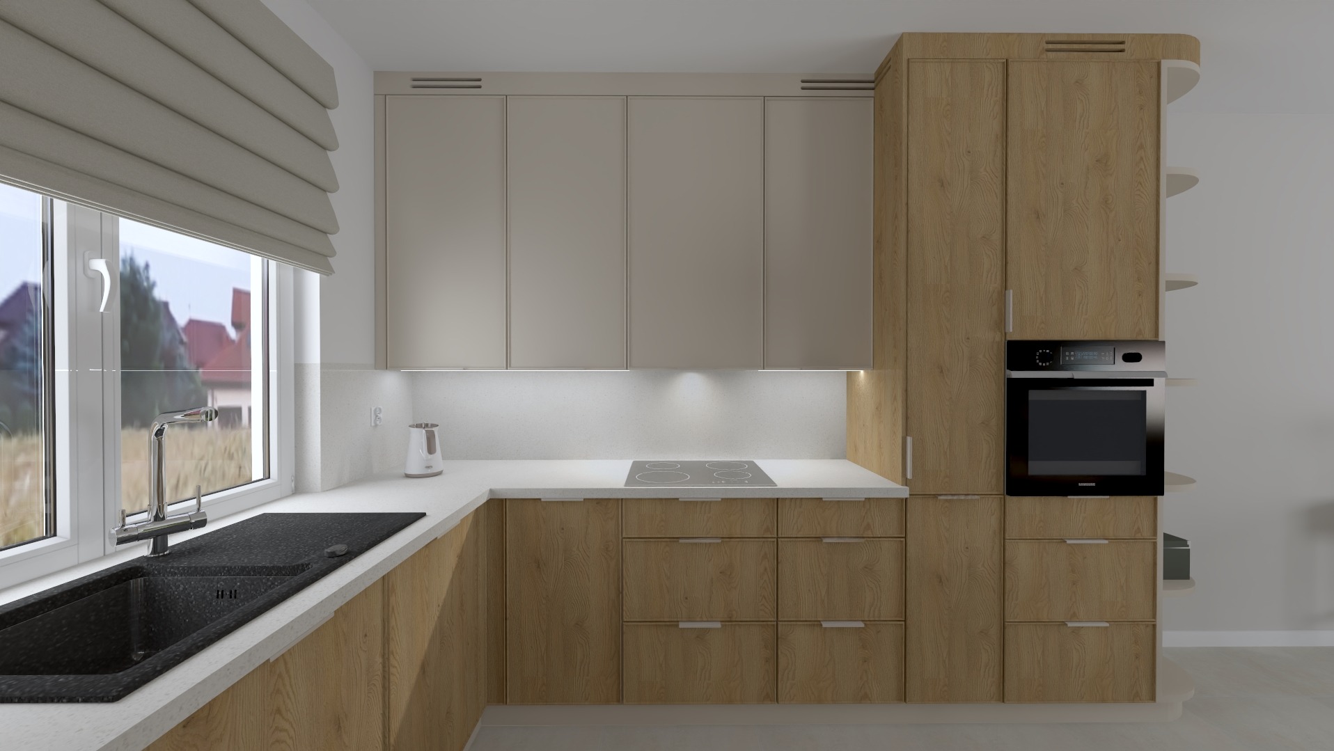 Wizualizacja kuchni z drewnianymi szafkami, szarymi górnymi szafkami, czarnym zlewem i wbudowanym piekarnikiem. Widoczne rolety w oknie. Na blacie czajnik elektryczny i płyta indukcyjna.