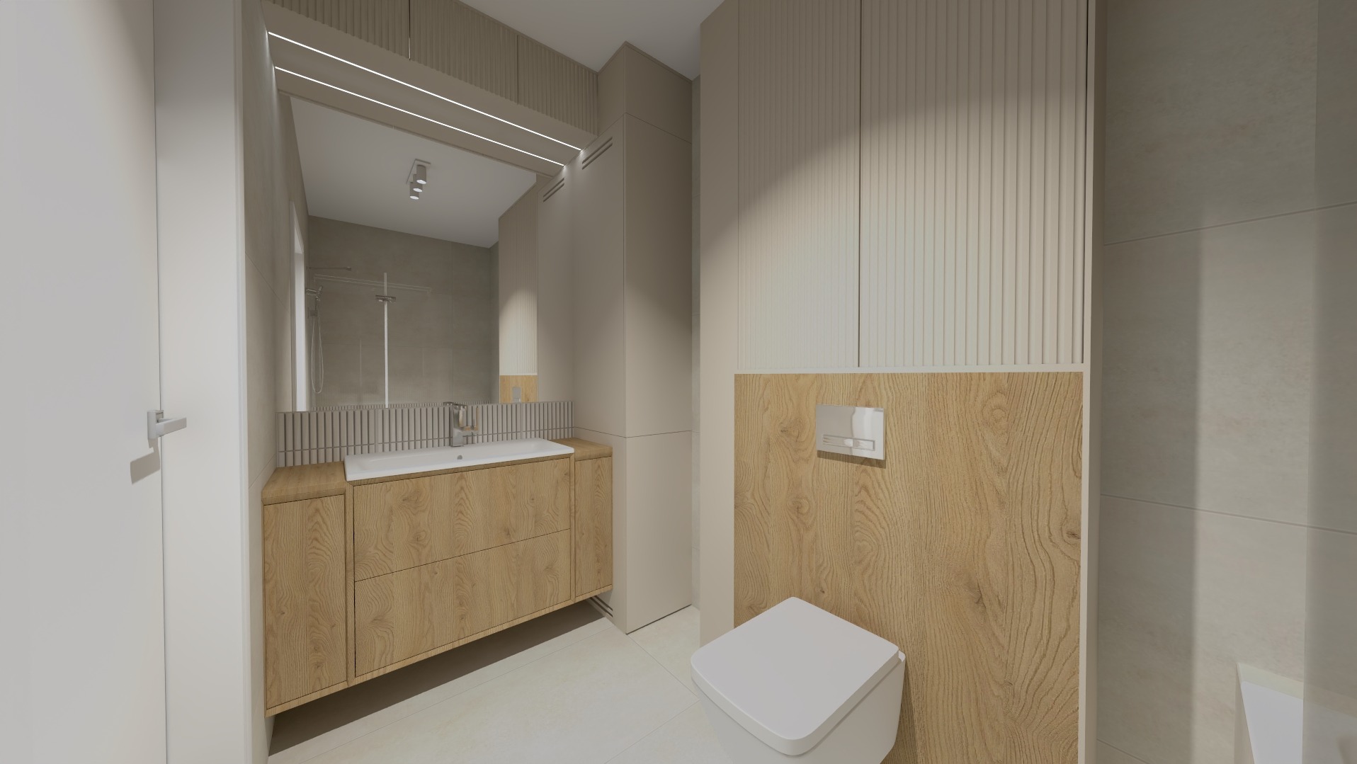 Wizualizacja łazienki w stonowanych beżach z drewnianymi akcentami: szafka pod umywalką z dwiema szufladami, toaleta wisząca z drewnianą obudową spłuczki, lustro z oświetleniem LED.