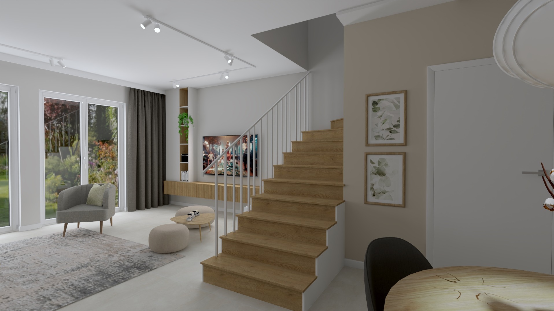 Wizualizacja salonu z drewnianymi schodami, szarą sofą, telewizorem i minimalistycznym oświetleniem szynowym.