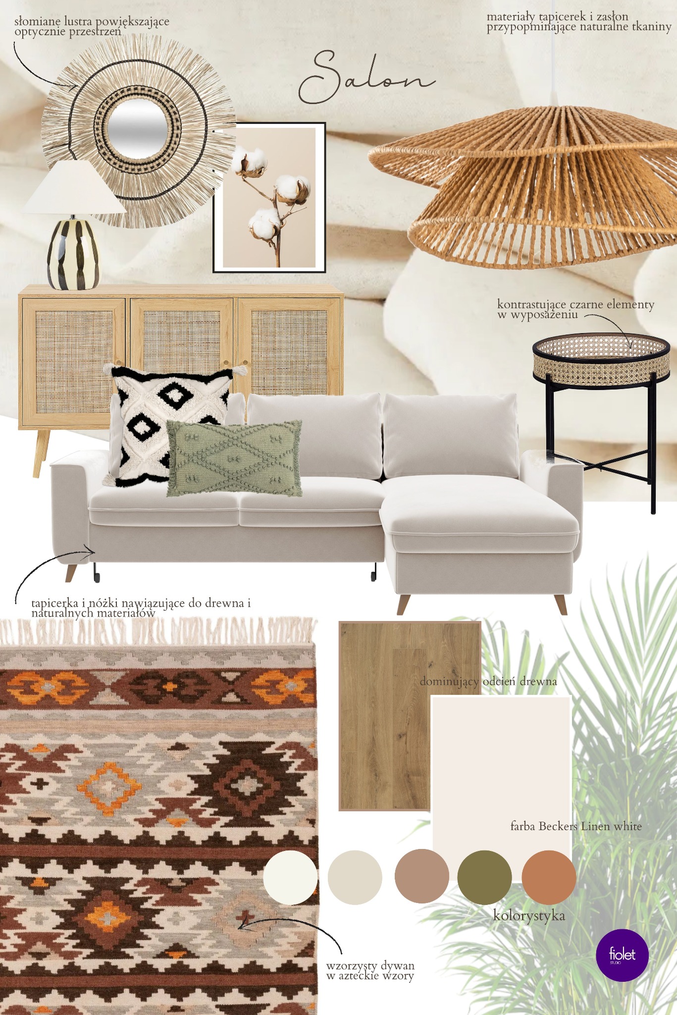 Moodboard salonu z inspiracjami azteckimi: beżowa sofa narożna, komoda z rattanowymi frontami, okrągłe lustro ze słomianą ramą, dywan w geometryczne wzory, lampa z czarno-białymi paskami, okrągły...