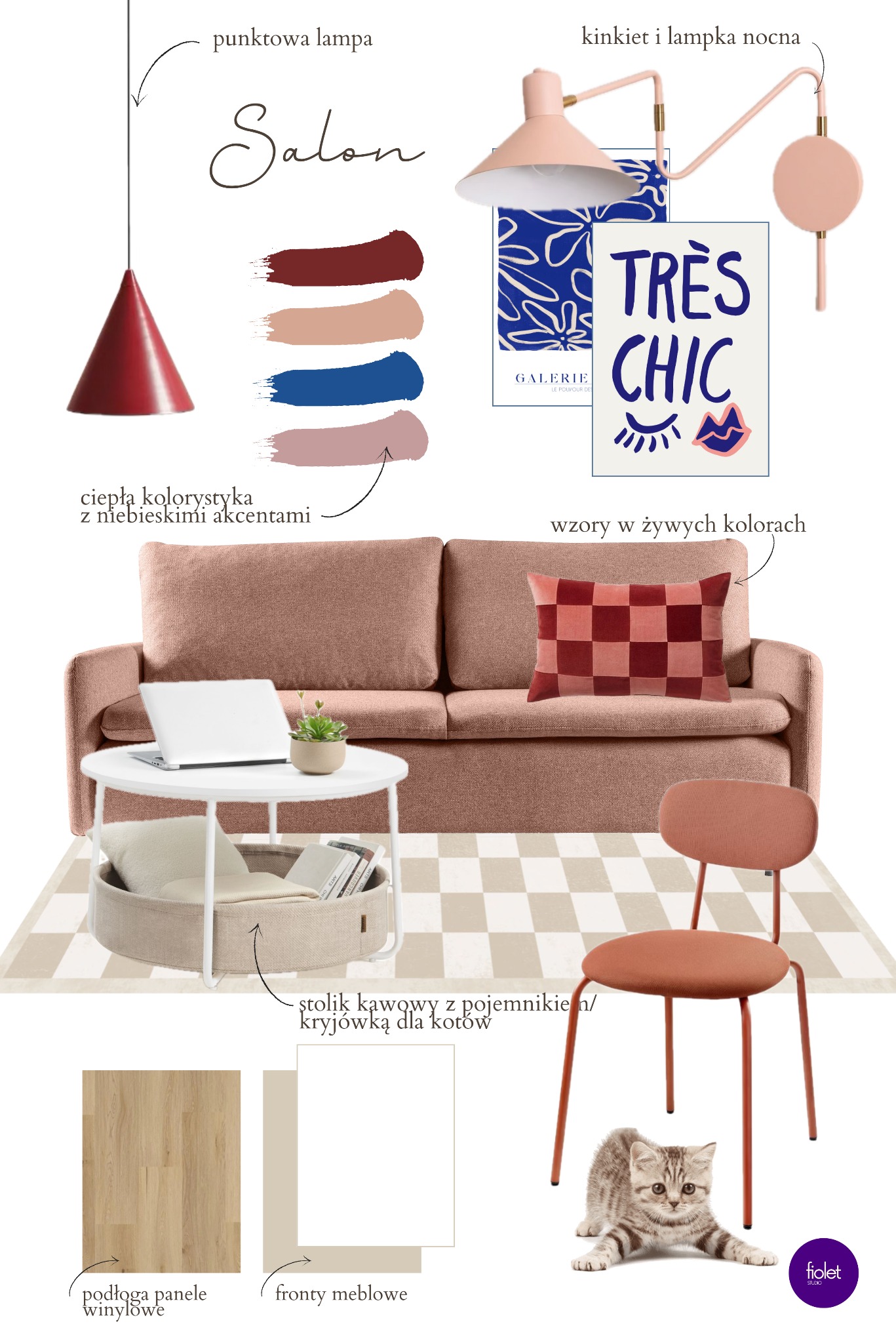 Moodboard wnętrza salonu z ciepłą kolorystyką i niebieskimi akcentami, obejmujący wizualizację sofy, stolika kawowego z kryjówką dla kota, krzesła, lamp, podłogi winylowej, frontów meblowych...