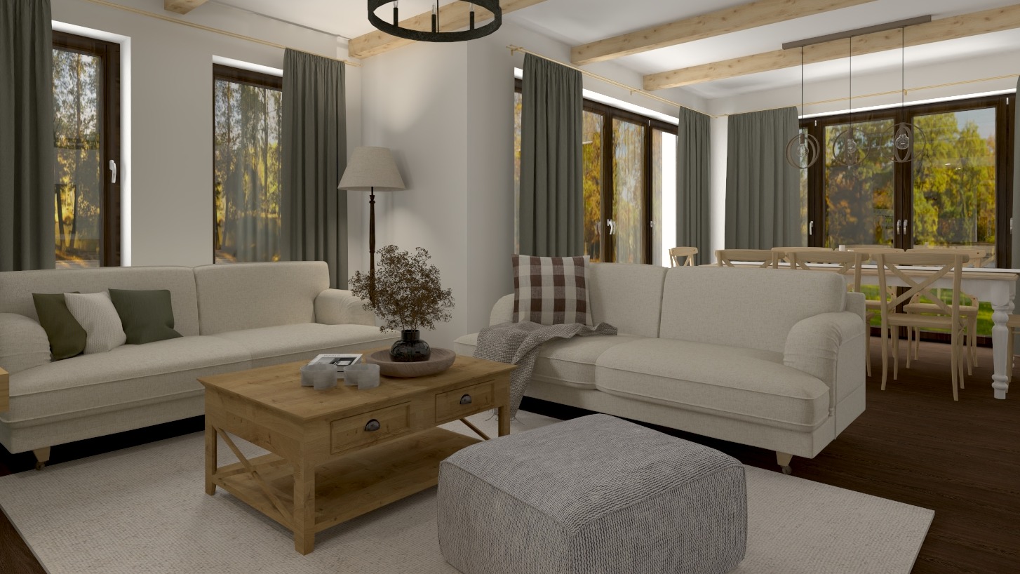 Salon farmhouse z beżowymi sofami, drewnianym stolikiem kawowym, pufą i oknami z widokiem na jesienny krajobraz. Lampy wiszące i drewniane belki stropowe.