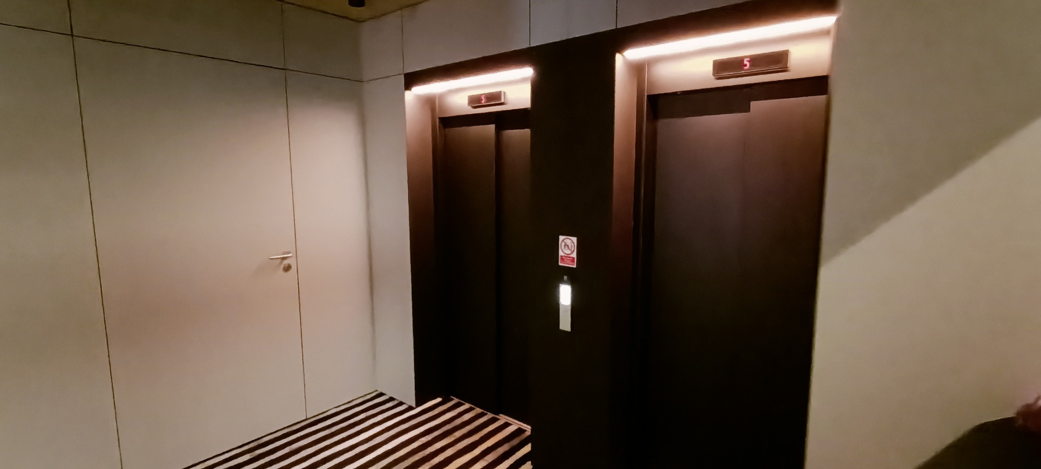 Dwa nowoczesne, czarne wejścia do wind z numerem piętra '5' w budynku w Pabianicach, widoczne oznaczenia zakazu palenia, podłoga wykończona w czarno-białe pasy.