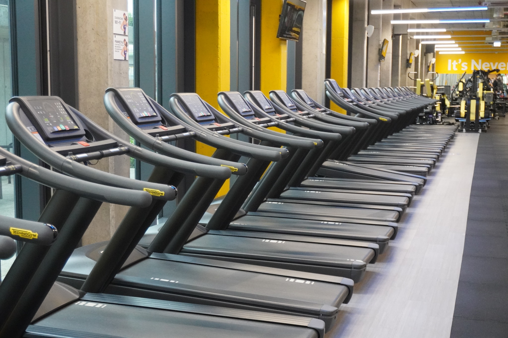 Rząd identycznych bieżni Technogym ustawionych w rzędzie w jasnej siłowni z żółtymi akcentami, widoczne inne maszyny do ćwiczeń w tle.