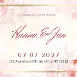 Elegancka, akwarelowa zaproszenie ślubne z motywem kwiatowym w odcieniach różu i złota, z napisem 'Hanna & Jan' oraz datą i adresem uroczystości.