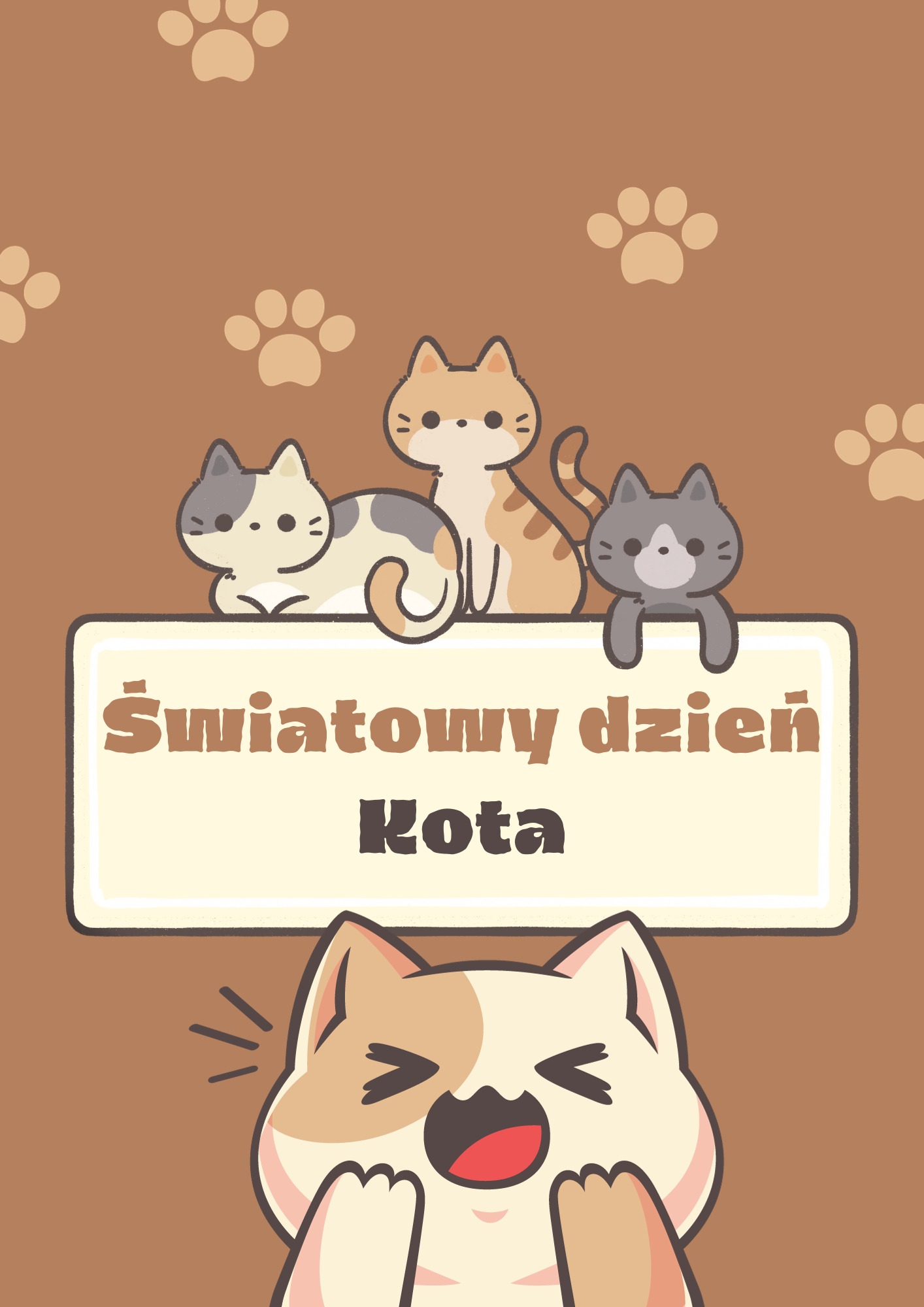 Ilustracja graficzna z okazji Światowego Dnia Kota, przedstawiająca trzy urocze koty w stylu kreskówkowym na górze tablicy z napisem 'Światowy dzień Kota' oraz rozbawionego kota na dole, całość...