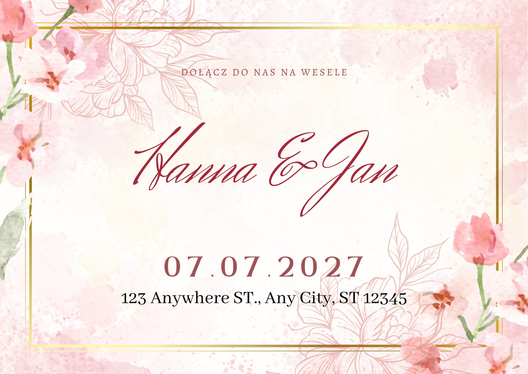 Elegancka, akwarelowa zaproszenie ślubne z motywem kwiatowym w odcieniach różu i złota, z napisem 'Hanna & Jan' oraz datą i adresem uroczystości.