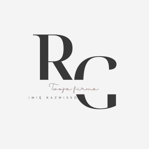 Eleganckie logo firmy z inicjałami 'RC', nazwą firmy zapisaną ozdobną czcionką i tekstem 'IMIĘ NAZWISKO' poniżej, na jasnym tle.