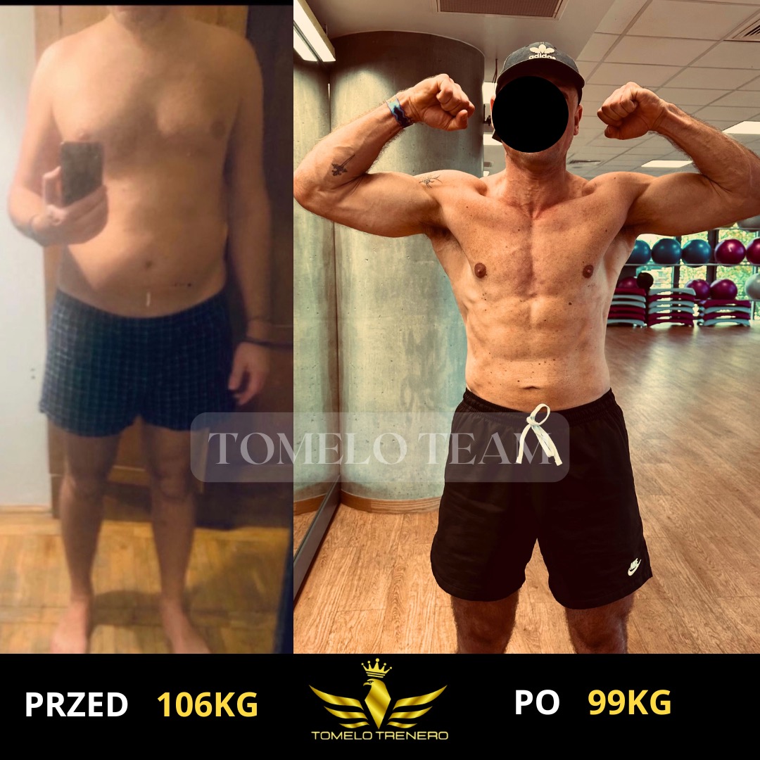 Mężczyzna przed i po treningu personalnym, widoczna różnica w sylwetce i wadze (106kg vs 99kg), tło siłowni, logo Tomelo Trenero.